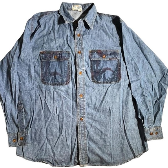 603-Blue and navy denim button up shirt with floral details 
-O.I.C Street Stars - Picture 1 of 6